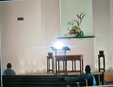 Allen and Larry, Opening Day after rebuilding the Church from Ike's destruction